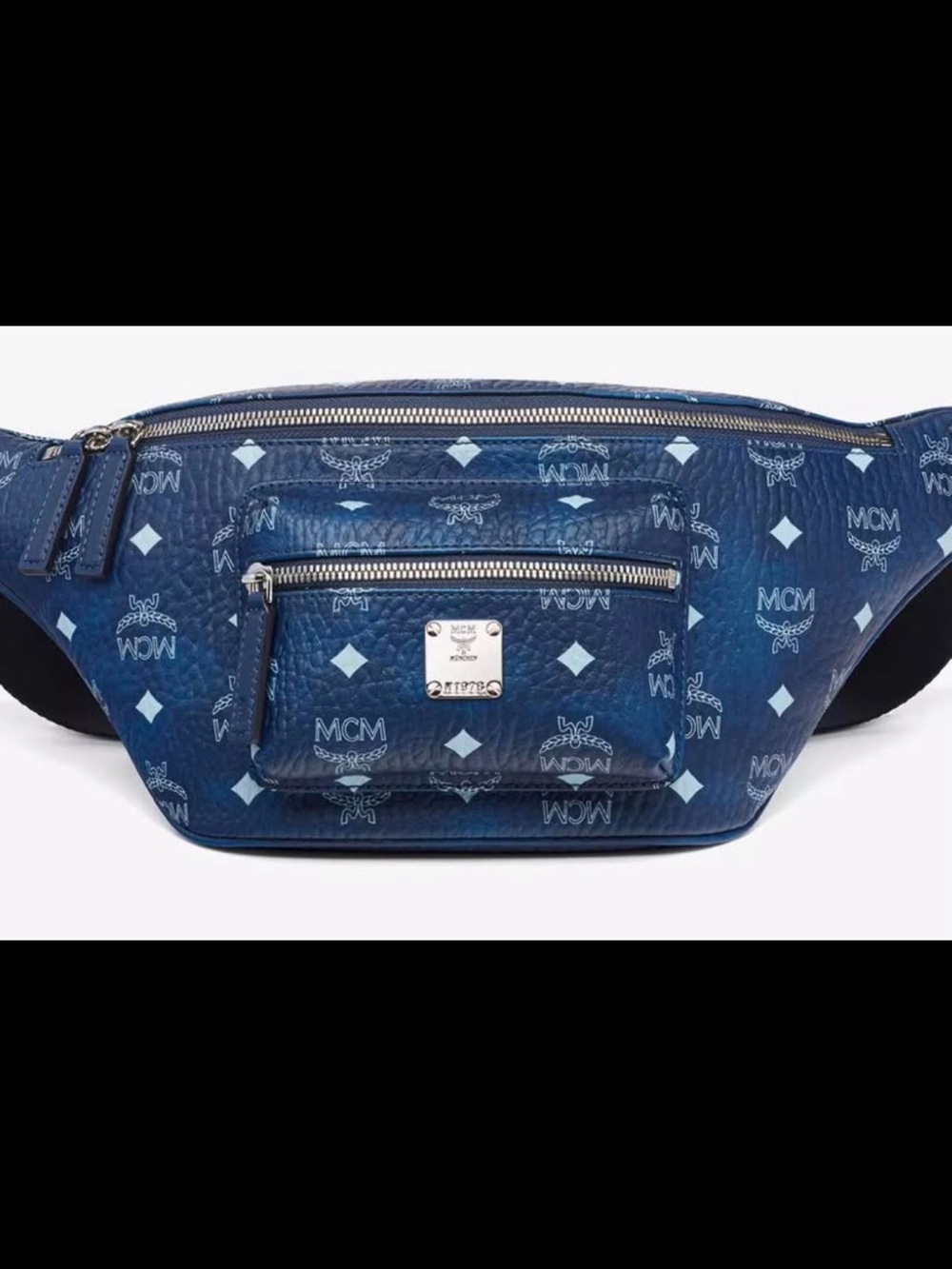 MCM Navy Monogram Leather Belt Bag with Light Blue Details